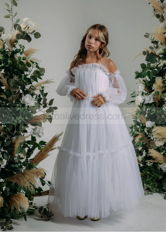 White Tulle Slit Back Flower Girl Dress